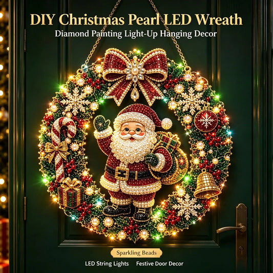 DIY Christmas LED Diamond Painting Wreath | Light-Catching Pearl Beaded Hanging Ornament Kit | Premium Holiday Door Wall Art Decor for Christmas Home & Handcraft Gift